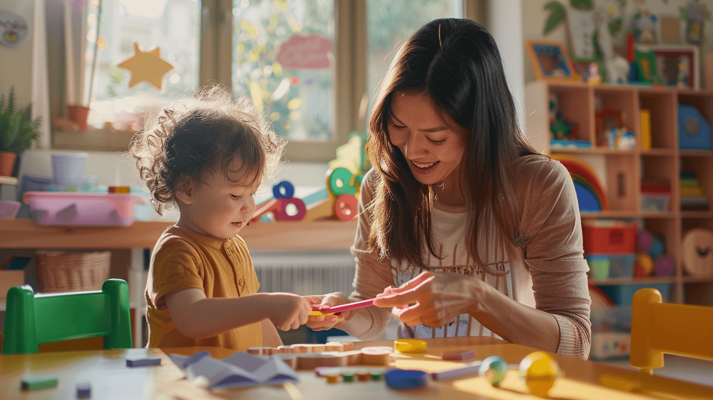 Asian female occupational therapist kneeling beside Hispanic toddler at low table helping with adaptive scissors in bright playroom