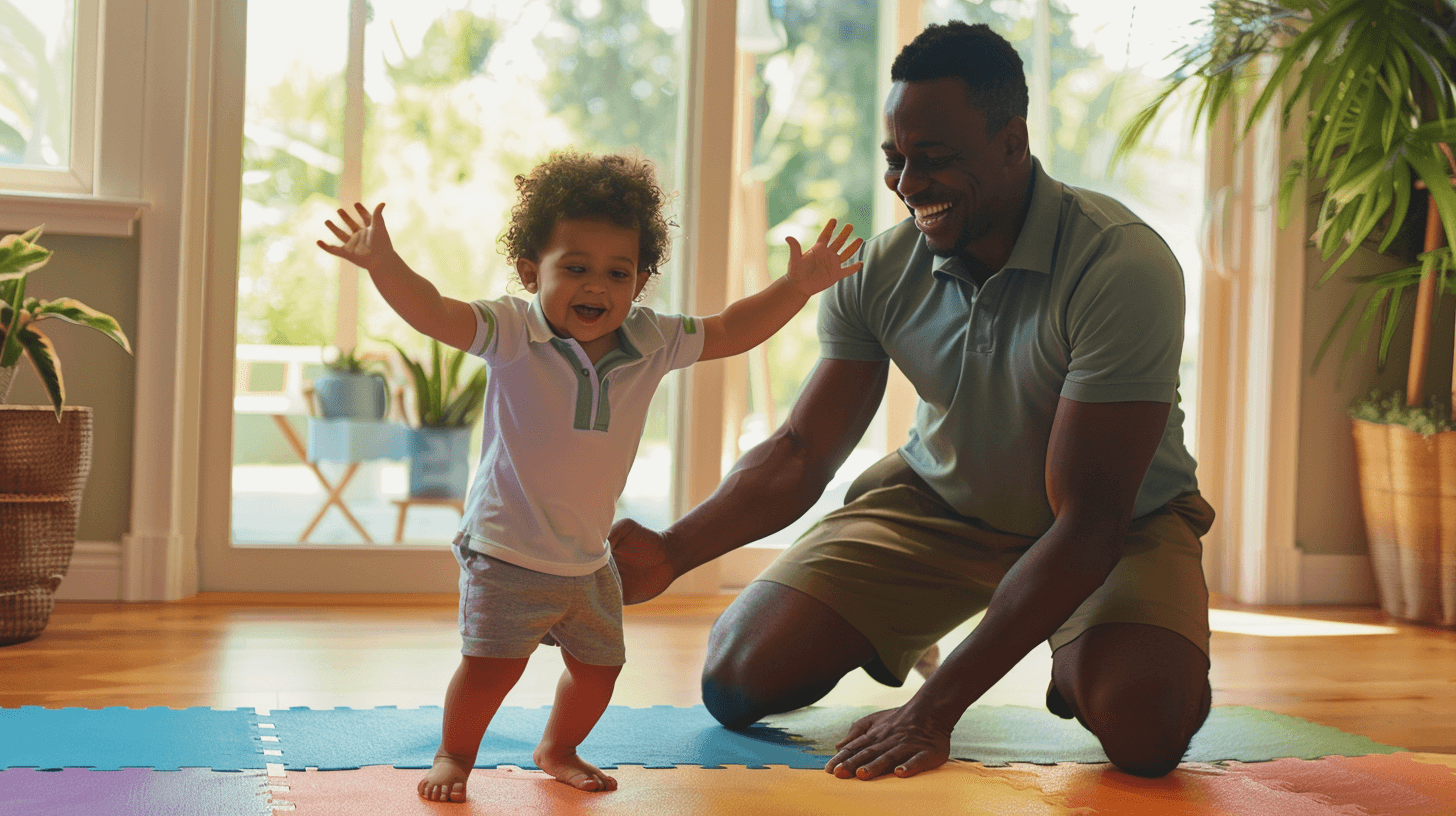 African American male physical therapist kneeling on colorful foam mat encouraging Hispanic toddler to walk in bright living room