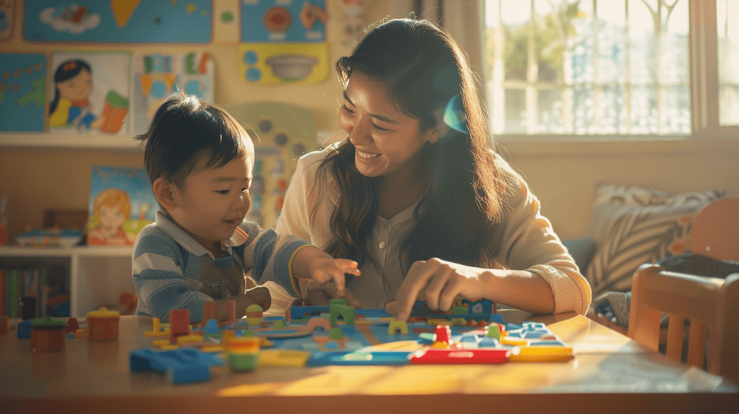Hispanic female special instructor sitting at child-sized table with toddler using colorful learning materials