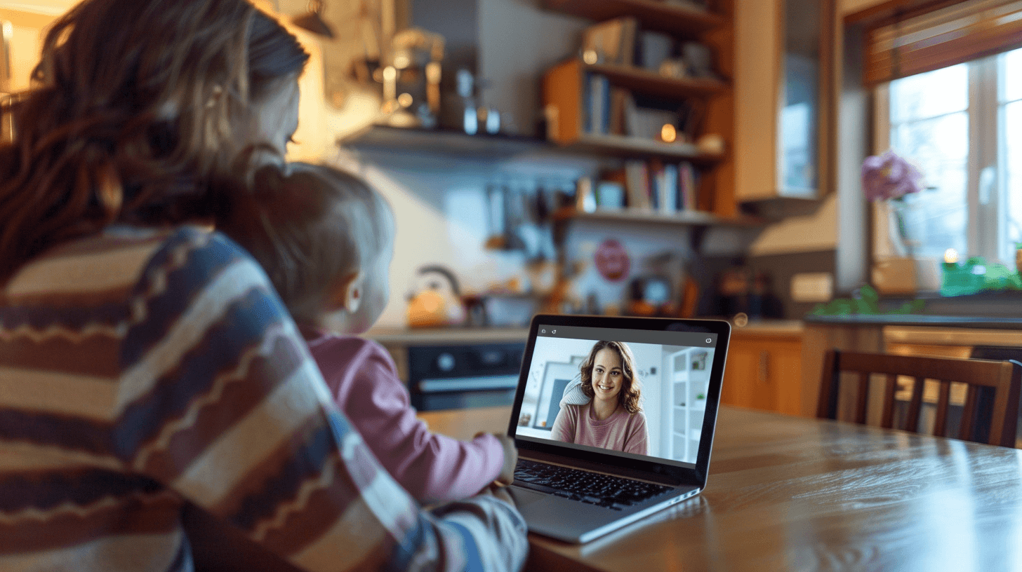 Parent holding toddler at kitchen table during virtual telehealth therapy session with therapist visible on laptop screen